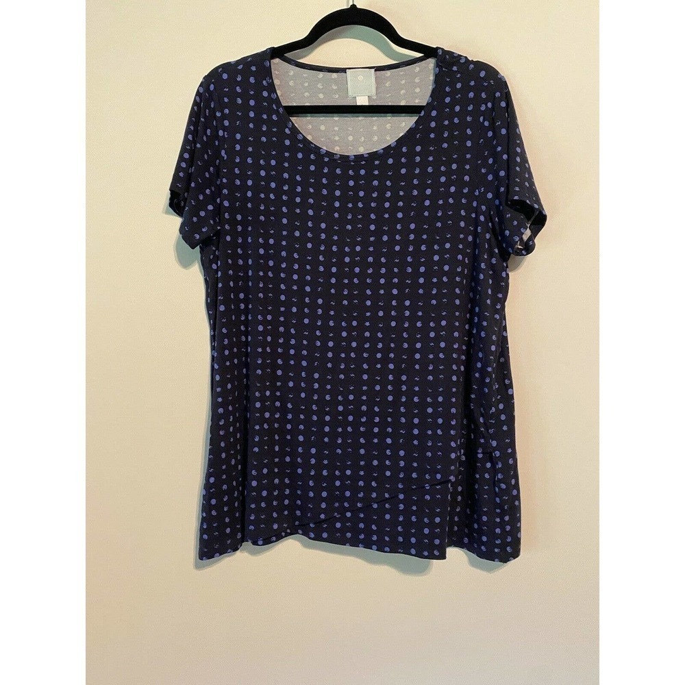SUNDAY Dressbarn Large Tunic T-Shirt Blouse Short Sleeves Blue Polka’d